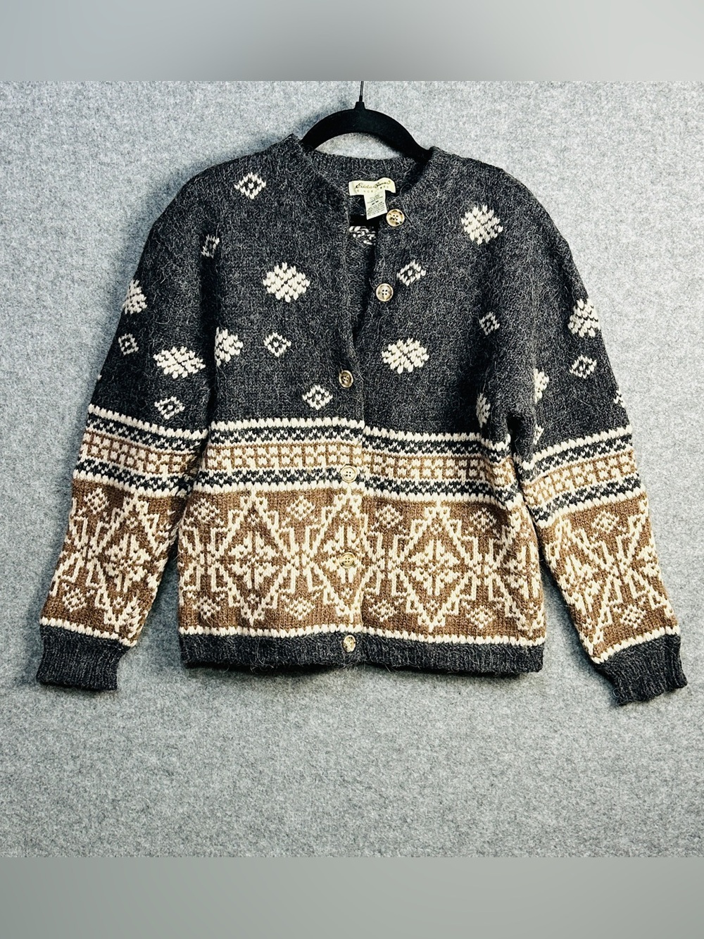 Eddie Bauer VTG Gray, Cream, Brown Nordic Wool Alpaca Button Cardigan Cabincore